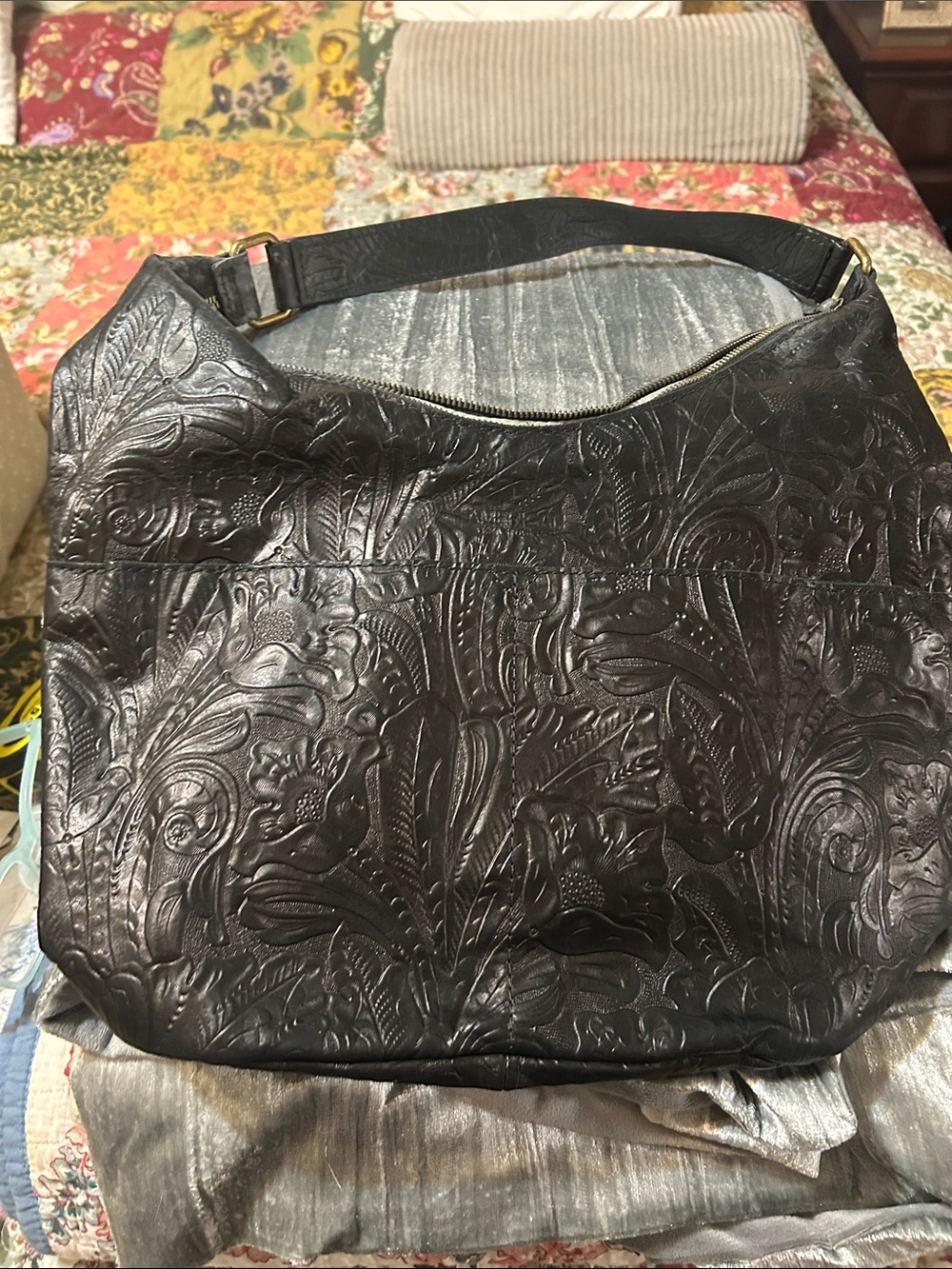 American Leather Co. Embossed Leather Black Hobo Shoulder Bag